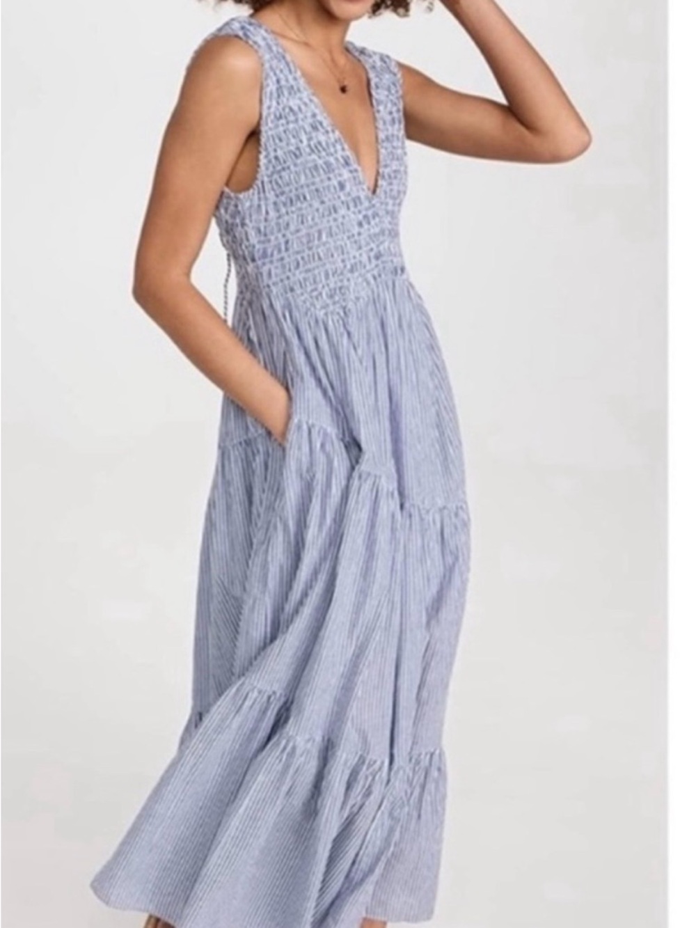 Free People Juno Blue and White Striped Smocked V-Neck Maxi Dress - Size Medium - Picture 2 of 6